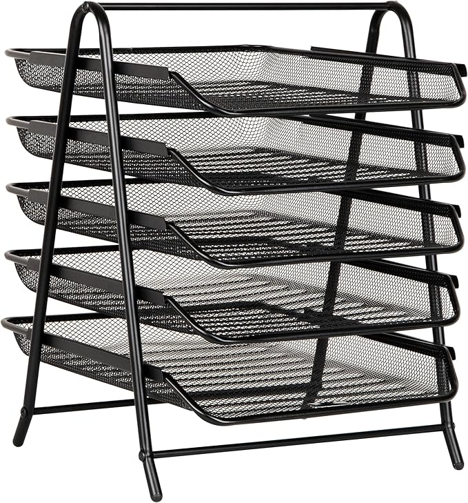 Mind Reader 5-Tier Paper Tray Organizer, Vertical Desktop File Storage Rack, Office, Metal Mesh, Black