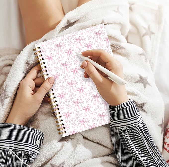 Coquette Pink Bow Spiral Notebook, Chinoiserie Floral Notebooks for Note Taking, Trendy Preppy Journal for Writing, Girly Aesthetic Journal Journaling, 5.5x8.3 Inch