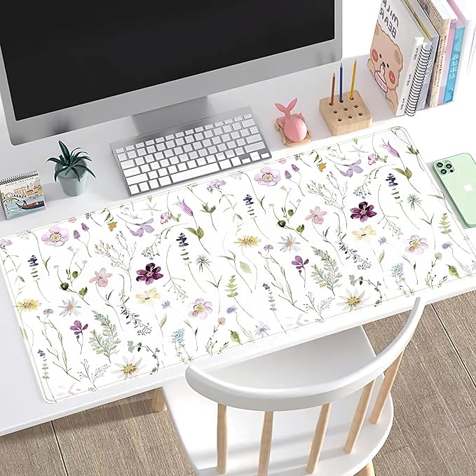 Cute Flower Mouse Pad Aesthetic Desk Mat Plants Large Extended Gaming Mousepad Floral XXL Desk Pad Keyboard and Mouse Mat 31.5''x15.75'', Desktop Decor Protectors Mats for Women Office Girl Gamer