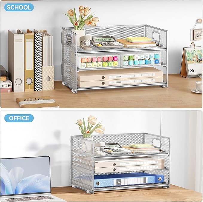 Subekyu 3 Tier Paper Desk Organizer with Handle and 1 PC Slideable Letter Tray, A4 Paper File Folder Sorter Metal Mesh Organizer for Home Office School Desk Supplies Organization Storage, Silver