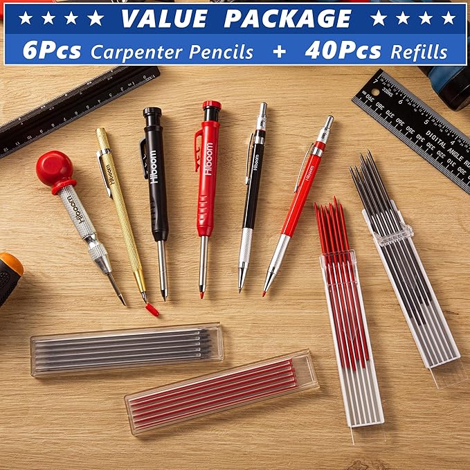 Hiboom 10 Pack Carpenter Pencils Mechanical Set, Construction Pencils with 36 Refill, Automatic Center Punch and Carbide Scribe Tool, Mechanical Pencil for Woodworking, Best Carpenters Marking Tool