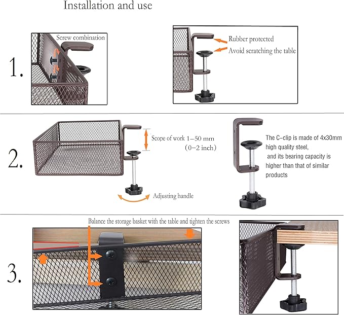 Clip-on desk organizer (3 pack), stationery organizers, can be clipped around the table to store small items (Bronze Gold)