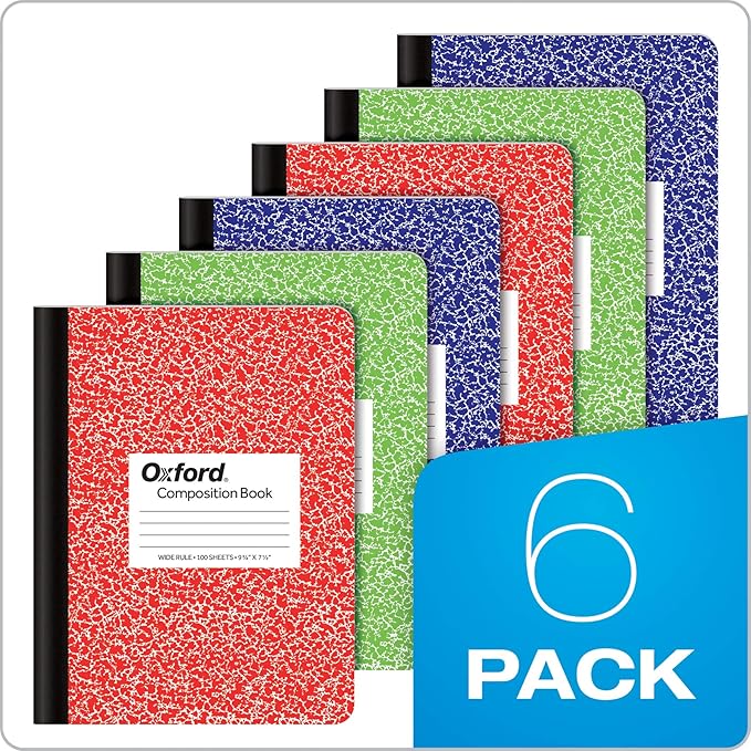 Oxford Composition Notebook 24 Pack, Wide Ruled Paper, 9-3/4 x 7-1/2 Inches, 100 Sheets, Assorted Marble Covers, 2 Each: Blue, Green, Red (63762)