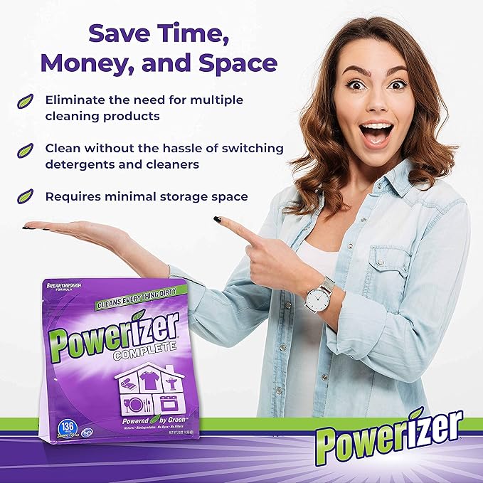 Powerizer Complete Laundry Powder Detergent & Multipurpose Cleaner | 3 lb Detergent | 136 Scoops | Plant-Based Concentrated Laundry Soap & Dishwasher Detergent Powder