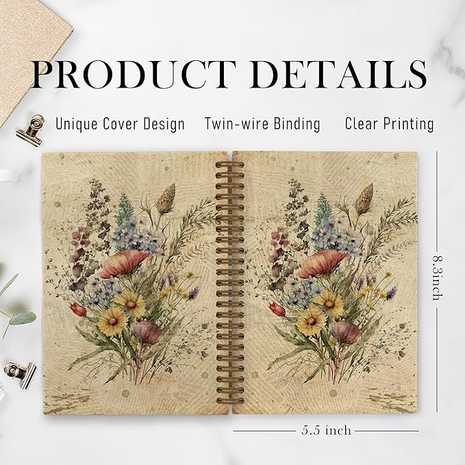 Vintage Floral Spring Spiral Notebook, Flower Journal Notebook, Floral Journal, Retro Floral Plant Notebooks for School Work, Boho Botanical Office Supplies Gifts for Women Men, 5.5x8.3 Inch