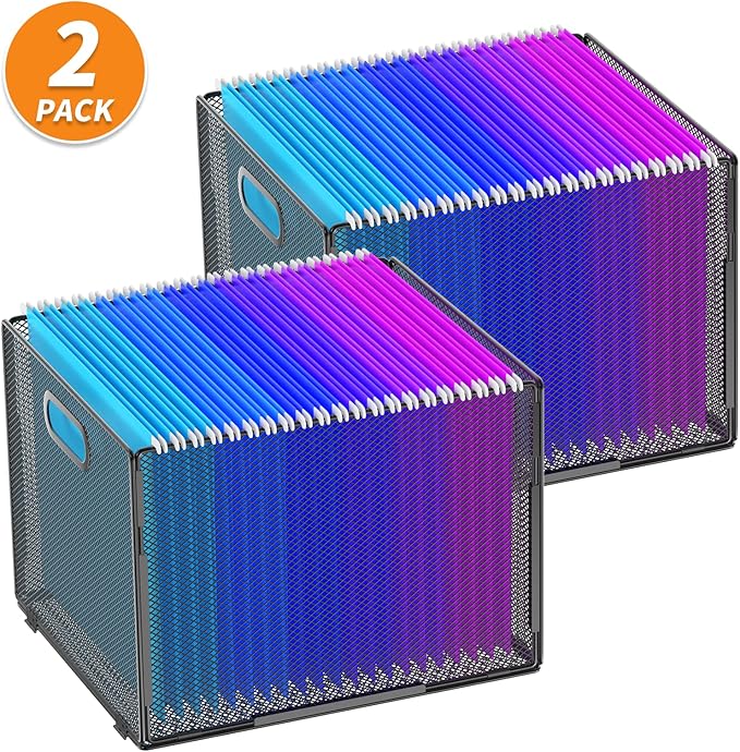 Hanging File Organizer, File Box Organizer with Handle, Metal Mesh Hanging File Folder Box, Letter Size Filing Crate Bin Holder for Home Office Desk(2 Pack)