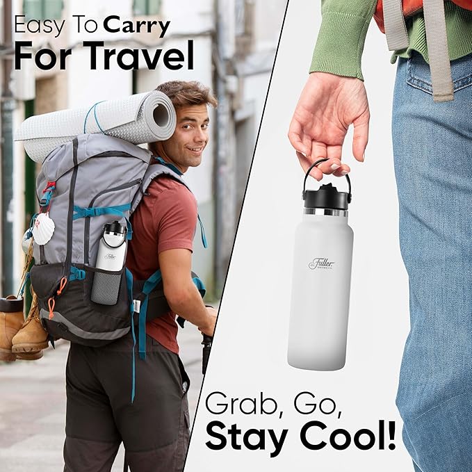 Fuller Stainless Steel Water Bottle with Straw Lid – BPA-Free, Sweat-Proof, Leak-Proof Travel Mug – Double Wall Insulated for Hot & Cold Drinks – Carry Handle (White, 40 Oz.)
