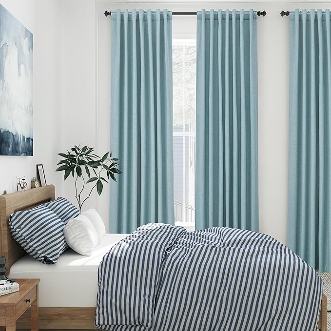 Blackout Light Blue Linen Curtains 96 Inches Long Back Tab Heat Reflective Full Light Block Out Curtain 2 Panels for Bedroom Window Textured Long Draperies with Liner Floor to Ceiling Length 52x96