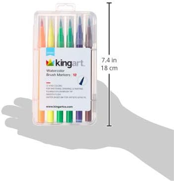 KINGART 'Watercolor-Effect' Brush Markers (410-12), 12 Colors - Brightly Colored Markers, Journaling, Lettering, Kids and Adult Coloring Books, and More, Convenient Carrying Case