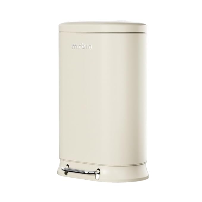 MRBIN Metal Kitchen Trash Can with Lid, 30L / 7.9gal Commercial Step Waste Basket for Bathroom, Medium Office Garbage Pail with Stainless Steel Foot Pedal for Near Desk, Bedroom, Rv, White