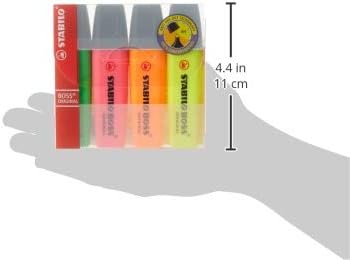 STABILO Highlighter BOSS ORIGINAL - Pack of 4 - Yellow, Orange, Green, Pink, Chisel Tip, Anti-Dry Out Technology