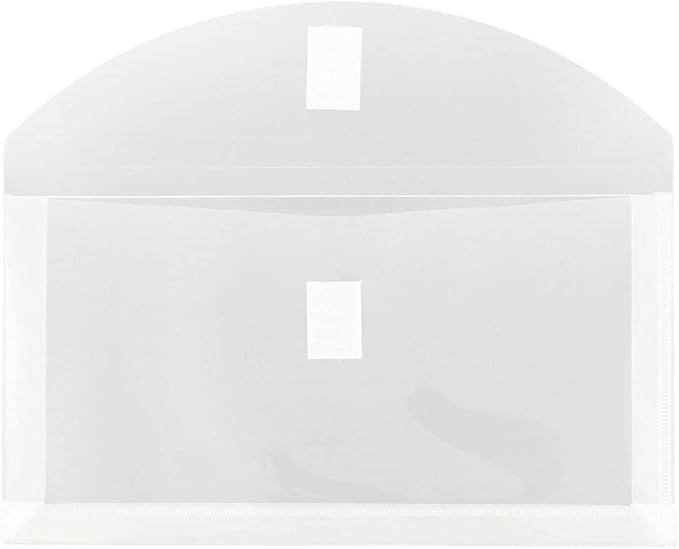 JAM PAPER Plastic Expansion Envelopes with Hook & Loop Closure - #10 Booklet Wallet - 5 1/4 x 10 with 1 Inch Expansion - Clear - 12/Pack