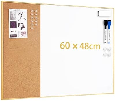 ARCOBIS Dry Erase Cork Board Combo, 24"X18" Bulletin White Board for Wall, Magnetic Corkboard Whiteboard Combination, Vision Board for Office, Home, School Gold Frame