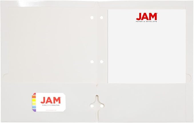 JAM PAPER Laminated Two Pocket Glossy 3 Hole Punch School Folders - White - 3/Pack