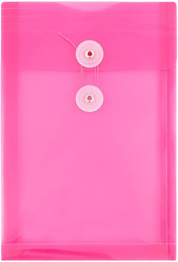 JAM PAPER Plastic Envelopes with Button & String Tie Closure - 6 1/4 x 9 1/4 - Fuchsia Pink - 3/Pack