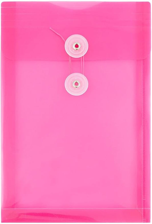 JAM PAPER Plastic Envelopes with Button & String Tie Closure - 6 1/4 x 9 1/4 - Fuchsia Pink - 3/Pack