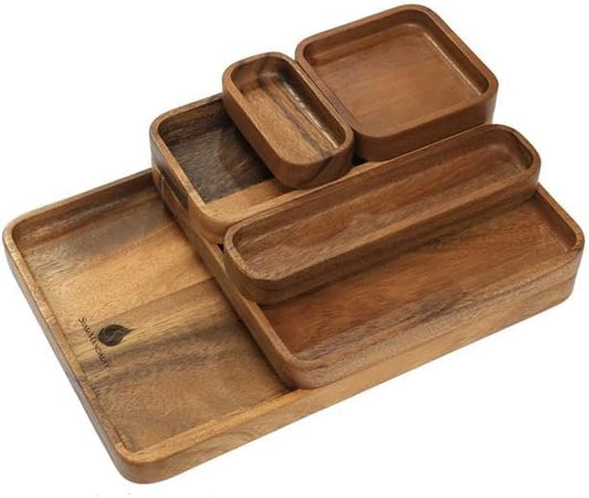 Premium Wooden Stackable Modular Desk Organizer Tray: Set of 6-Pieces Nested Acacia Wood Storage Trays for Office, Kitchen, and Home Organization in Contemporary Style