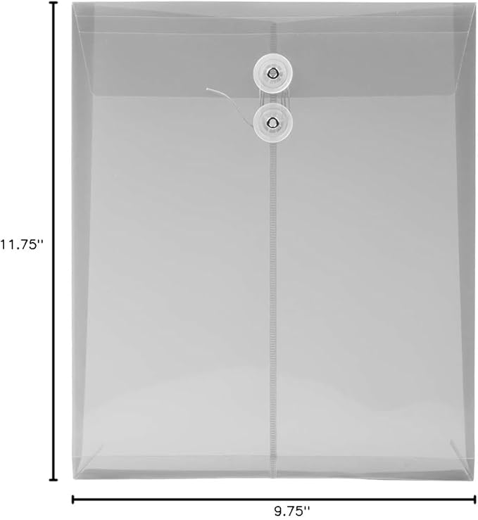 JAM PAPER Plastic Envelopes with Button & String Tie Closure - Letter Open End - 9 3/4 x 11 3/4 - Smoke Gray - 12/Pack