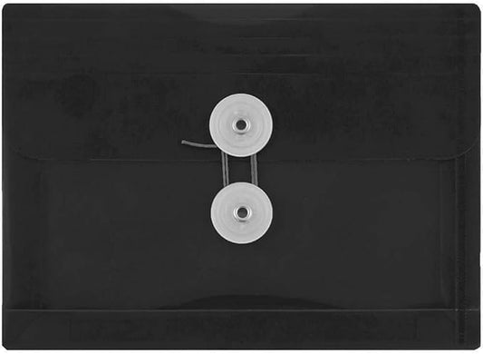 JAM PAPER Plastic Booklet Envelopes with Button & String Tie Closure - Index Size - 5 1/2 x 7 1/2 - Black - 12/Pack