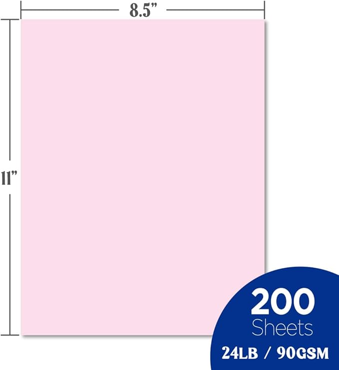 Veritas Color Copy Paper,Multi-Purpose paper,Colored Printer Paper 8.5” x 11”, 24 lb / 90 GSM,Pink,200 Sheets (1 Reams)，Made in USA