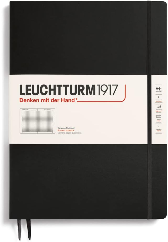 LEUCHTTURM1917 - Notebook Hardcover Master Slim A4+ - 123 Numbered Pages for Writing and Journaling (Black, Squared)