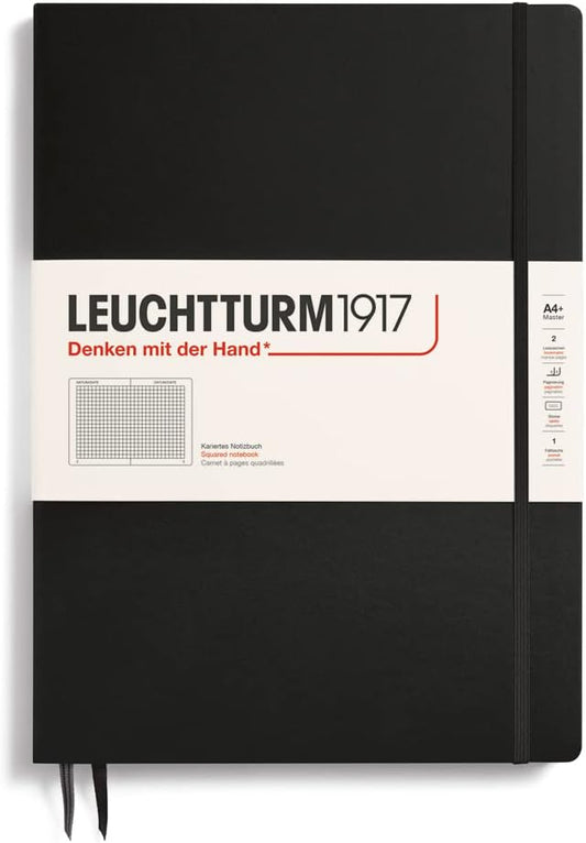 LEUCHTTURM1917 - Notebook Hardcover Master Slim A4+ - 123 Numbered Pages for Writing and Journaling (Black, Squared)