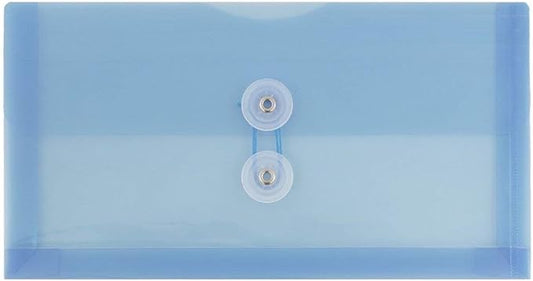 JAM PAPER Plastic Envelopes with Button & String Tie Closure - #10 Business Booklet - 5 1/4 x 10 - Blue - 12/Pack