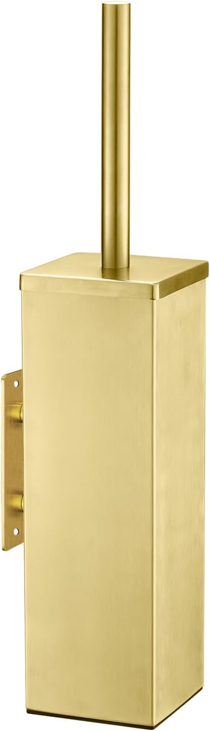 JOVYXIE Brushed Gold Stainless Steel Square Toilet Brush with Metal Lid Dual-Use Toilet Brush Holder with Drilled + Drill-Free Hook Base Includes Removable Inner Bucket (Brushed Gold)