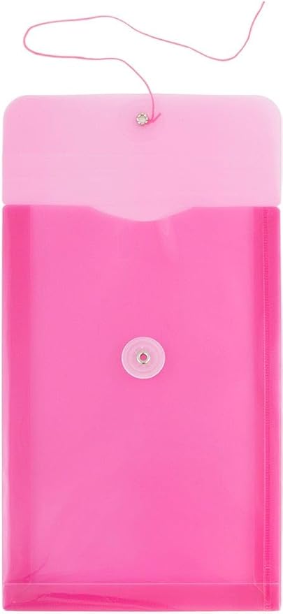 JAM PAPER Plastic Envelopes with Button & String Tie Closure - 6 1/4 x 9 1/4 - Fuchsia Pink - 3/Pack