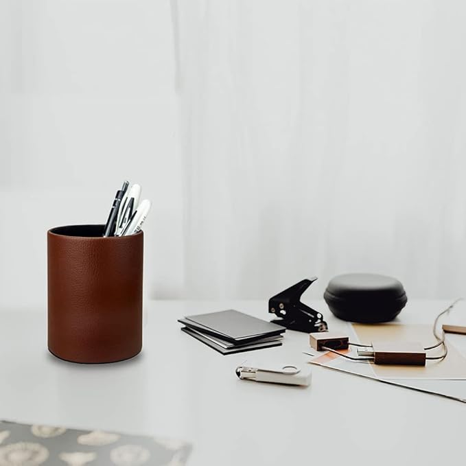 CXLE Pencil Holder Desk Organizer, PU Leather Pen Holder for Desk Decor Organizer Cosmetics Brush Holder for Teachers Students Storage Box Office Classroom(Brown)