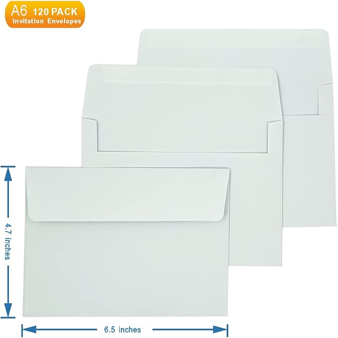 A6 Invitation envelopes（120 PCS 4.7x6.5 in） - windowless design 120GSM white paper envelopes with printabl quick self-seal for invitations, greeting cards, photos invoices
