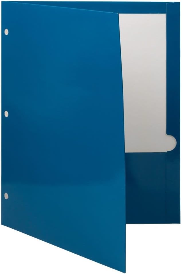 JAM PAPER Laminated Two Pocket Glossy 3 Hole Punch School Folders - Letter Size - High Gloss Blue - Bulk 100/Box