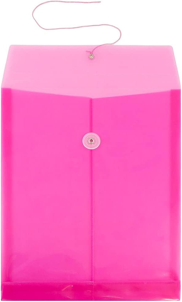 JAM PAPER Plastic Envelopes with Button & String Tie Closure - Letter Open End - 9 3/4 x 11 3/4 - Bright Hot Pink - 12/Pack
