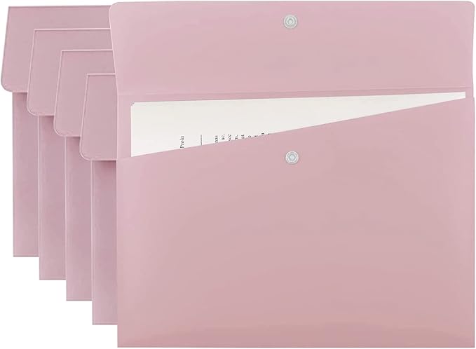 VANRA Poly File Folders Letter Size File Jackets Organizer Plastic Envelope A4 Flat Document Holder with Snap Button Closure (Pastel Pink, Pack of 5)