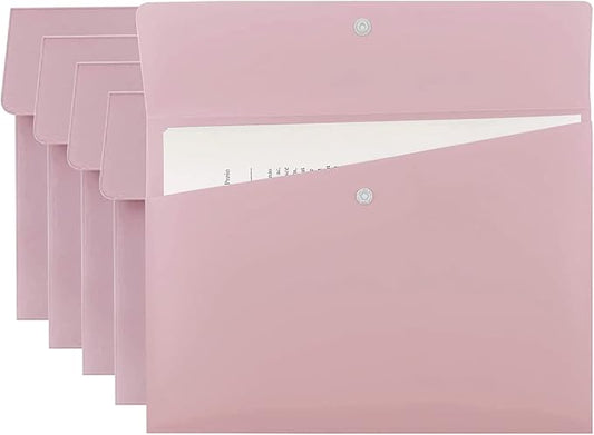 VANRA Poly File Folders Letter Size File Jackets Organizer Plastic Envelope A4 Flat Document Holder with Snap Button Closure (Pastel Pink, Pack of 5)