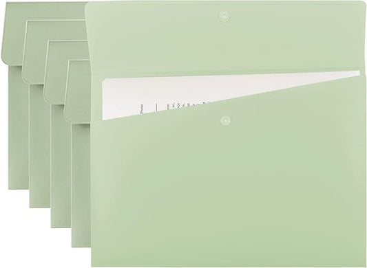 VANRA Poly File Folders Letter Size File Jackets Organizer Plastic Envelope A4 Flat Document Holder with Snap Button Closure (Pastel Green, Pack of 5)
