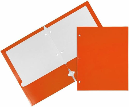 JAM PAPER Laminated Two Pocket Glossy 3 Hole Punch School Folders - Orange - 3/Pack