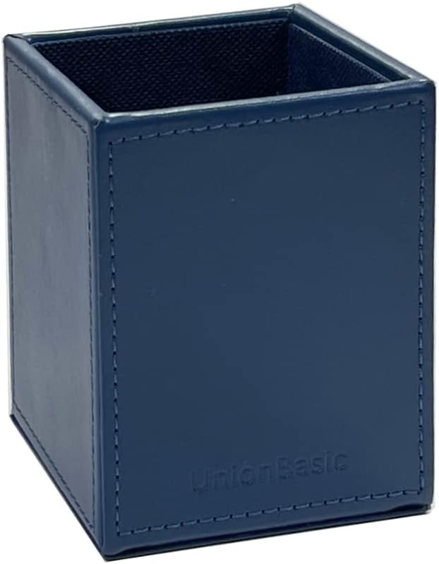 UnionBasic Square Pen Holder, Leather Pencil Cup, Desktop Caddy Stationery Organizer, True Blue