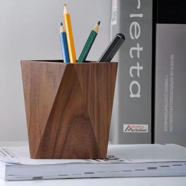 Wooden Pen Holder for Desk, Multi-Functional Pen Cup Pencil Holder for Office School Supplies Storage, Black Walnut Desk Organizer and Accessories（Prismatic）