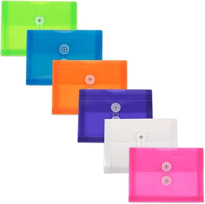 JAM PAPER Plastic Envelopes with Button & String Tie Closure - Index Size - 5 1/2 x 7 1/2 - Assorted Colors - 6/Pack