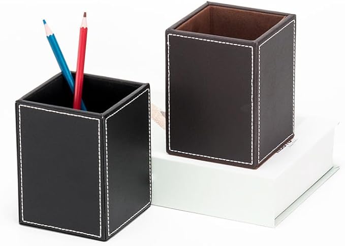 Square Pen Pencil Holder, PU Leather Pencil Cup, Desktop Stationery Organizer, Stand Desk Organizer, Office Accessories Container (Black)
