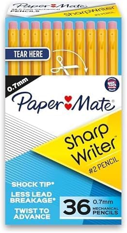 Paper Mate SharpWriter Mechanical Pencils Yellow | 0.7 mm | Shock-Absorbing Tip | Twistable Tip | No Sharpening Needed | 36 Count, Pack of 6