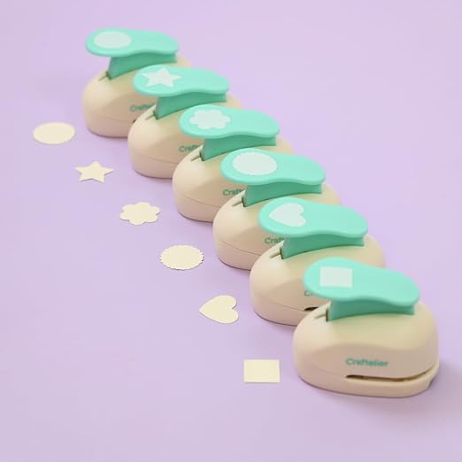 Craftelier - 1 inch Hole Punch Set of 6 for Paper Crafts + 10 Cardstock Colored Paper | Circle, Star, Heart, Scalloped Circle, Square & Flower | Punch Sets for Scrapbooking & Cardstock.