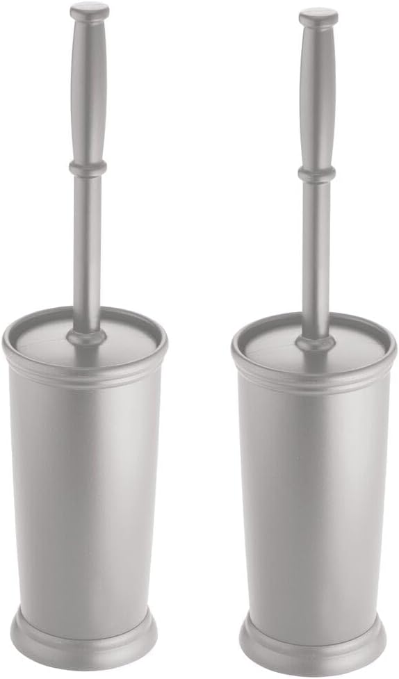 mDesign Toilet Bowl Brush and Holder - Covered Bathroom Brush - Standing Scrubber in Modern Holder - Space Saving, Deep Cleaning for Toilet - 2 Pack, Silver