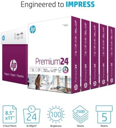 HP Printer Paper | 8.5 x 11 Paper | Premium 24 lb | 5 Ream Case - 2500 Sheets | 100 Bright | Made in USA - FSC Certified | 115300C