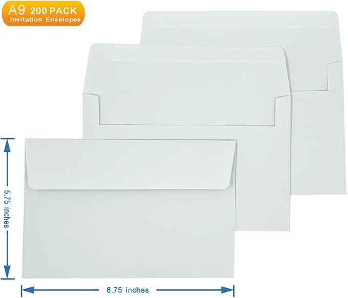 A9 Invitation envelopes（200 PCS 5.75x8.75 in） - windowless design 120GSM white paper envelopes with printabl quick self-seal for invitations, greeting cards, photos invoices