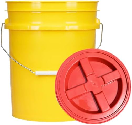 House Naturals 5 Gallon Plastic Yellow Food Grade BPA Free Made in USA Bucket Pail with Air Tight Double Gasket Screw on Lid(Pack of 3) (Yellow and Red lids)