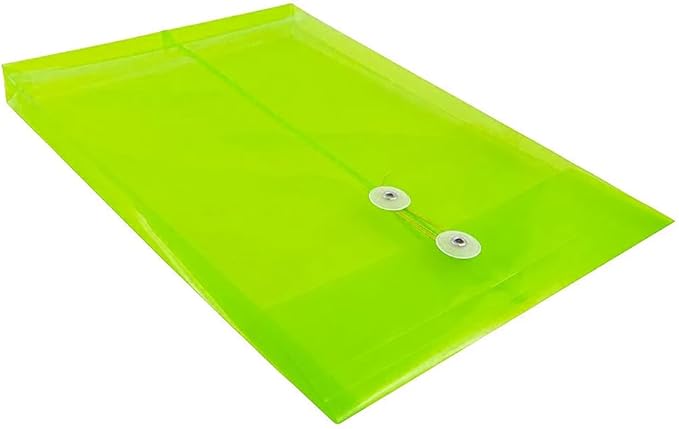 JAM PAPER Plastic Envelopes with Button & String Tie Closure - Legal Open End - 9 3/4 x 14 1/2 - Lime Green - 12/Pack