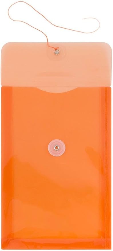 JAM PAPER Plastic Envelopes with Button & String Tie Closure - 6 1/4 x 9 1/4 - Bright Orange - 3/Pack