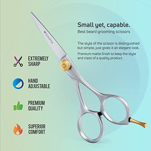 Suvorna Small Scissors for Beard, Mustache, Facial, Nose, Eyebrow & Ear Hair – Tiny Scissors for Cutting, Trimming & Grooming – 5" Stainless Steel Mustache Scissors for Men, Barbers, & Home Use